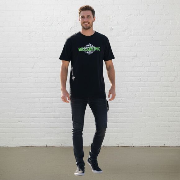 🏁 Billabong Loungewear Tee L Checkered Flag Logo Black Super Soft NWT 🏄 - Picture 1 of 8